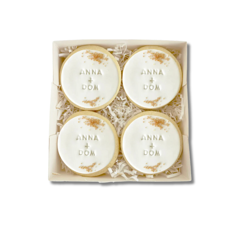 Order custom wedding cookies in Auckland – personalised, handcrafted treats perfect for wedding favours, dessert tables & engagement parties. NZ-wide delivery